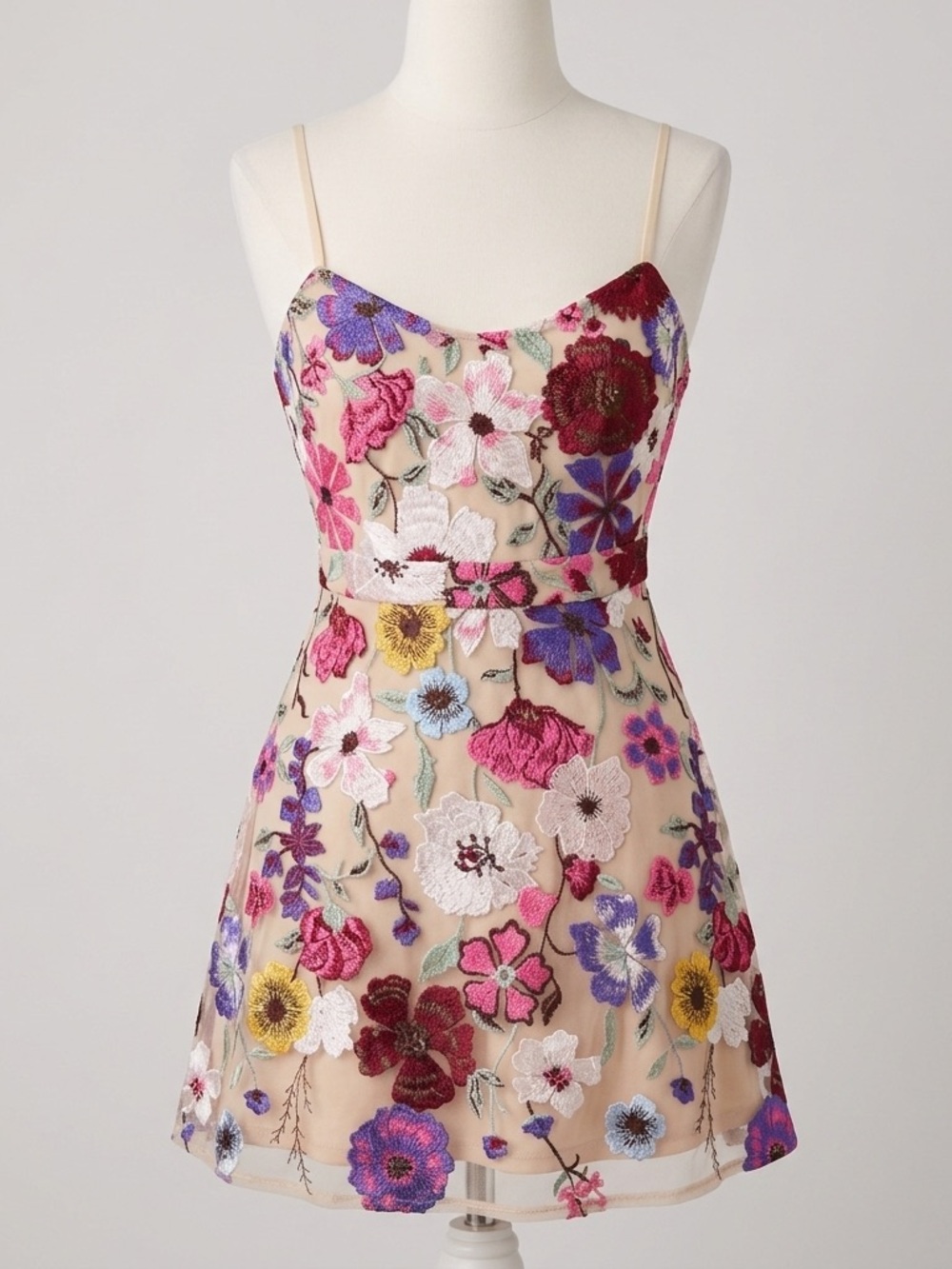 Lulu's Nude Mini Dress with Pink, Purple & Yellow Floral Embroidery